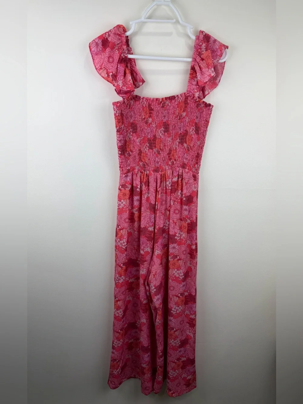 Veronica M Pink Floral Smocked Wide Leg Jumpsuit Boho Cottagecore S